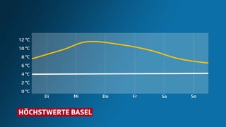 Eine Grafik zeigt den Temperaturverlauf in Basel und die Norm im Januar. Die aktuellen Temperaturen liegen deutlich über der Norm.