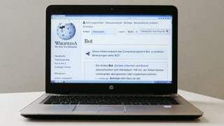 Laptop, auf dessen Bildschirm die Seite "Bots" bei Wikipedia zu sehen ist.