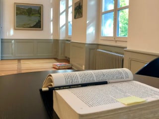 aufgeschlagenes Buch auf einem Tisch in einem Ausstellungsraum aufgeschlagenes Buch auf einem Tisch in einem Ausstellungsraum