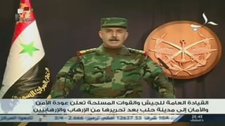 Ein Offizier in Uniform vor der syrischen Flagge und dem Emblem der syrischen Armee.
