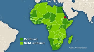 Karte Afrikas: Länder, die das Freihandelsabkommen ratifiziert haben, sind dunkelgrün eingefärbt, Länder, die das Abkommen nicht ratifiziert haben, sind hellgrün eingefärbt.