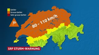Die SRF-Sturmwarnungs-Karte  mit einem grossflächig orange eingefärbtem Bereich