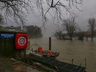 Bootssteg mit einem Rettungsboot am Rhein.