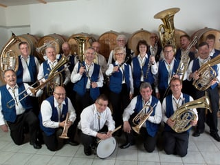 Die Argovia Musikantinnen und Musikanten mit weissen Hemden und blauer Weste auf einem Gruppenfoto.