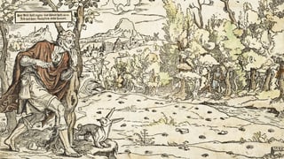 Ein Kupferstich zeigt einen Mann, der durch einen Wald spaziert, in dem überall Augen und Ohren sind.
