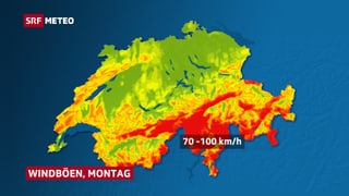 Schweizer Karte mit Böenspitzen im Süden con 70 bis 100 km/h.