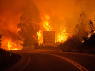 Der gewaltige Waldbrand und davor eine Strassse