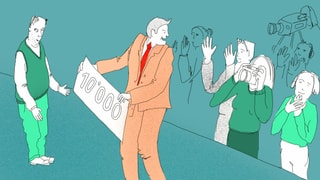 Ein Mann übergibt einen 10'000-er Schein. Er wird von vielen Menschen fotografiert.
