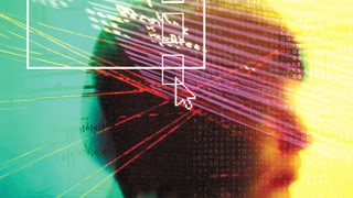 Bildmontage: Kopf, bunte Linien und ein Mauszeiger