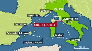 Karte mit vorgesehener Route des Kreuzfahrtschiffes Costa Concordia.