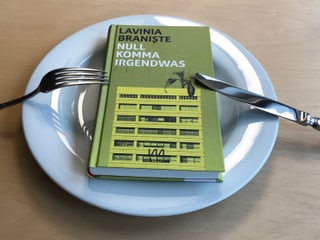 Lavinia Braniște Roman «Null Komma Irgendwas» liegt auf einem weissen Teller. Messer und Gabel daran angestellt. 