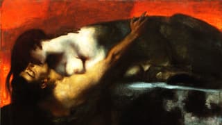 Öl-Gemälde: Frau liegt auf Mann und küsst ihn.