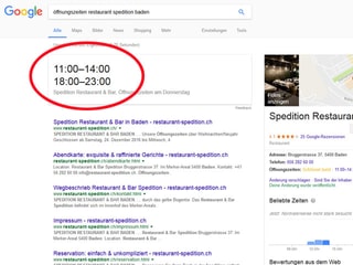 Screenshot Google mit Öffnungszeiten Restaurant Spedition Baden.
