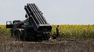 Ein ukrainischer Raketenwerfer in Stellung bei einem Sommenblumenfeld.