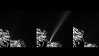 Drei Bilder mit unterschiedlichen Stadien eines Gasausstosses auf dem Kometen 67p/Tschurjumow-Gerassimenko