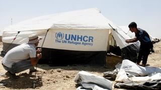 UNO-Mitarbeiter stellen ein Zelt auf.