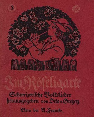 Schwarzer Druck auf rotem Grund: Ein Mann mit Hirtenhut spielt vor einem Rosenbusch auf seiner Hirtenflöte. Schwarzer Druck auf rotem Grund: Ein Mann mit Hirtenhut spielt vor einem Rosenbusch auf seiner Hirtenflöte.