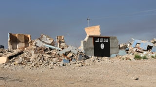 Haus-Ruine mit Flagge des IS