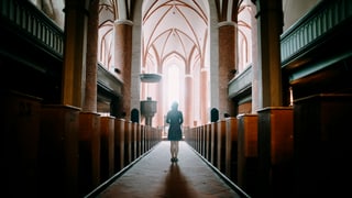 Eine Frau steht in einer Kirche
