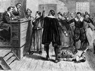 Eine historische Illustration eines Hexenprozesses aus Salem. Eine historische Illustration eines Hexenprozesses aus Salem.