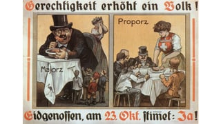 Abstimmungsplakat mit zwei Cartoons mit der Bratwürsten im Mittelpunkt.