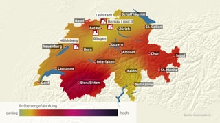 Illustrierte Karte der Schweiz mit eingezeichneten Städten, erdbebengefährdeten Regionen und Standorten der Atomkraftwerke 