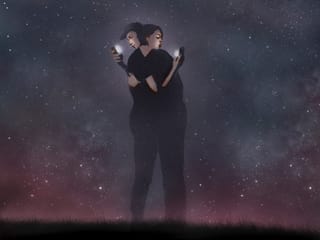 Illustration eines Paares in der Nacht, das sich umarmt und dabei jeweils auf ein Smartphone starrt. 