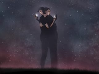 Illustration eines Paares in der Nacht, das sich umarmt und dabei jeweils auf ein Smartphone starrt. Illustration eines Paares in der Nacht, das sich umarmt und dabei jeweils auf ein Smartphone starrt.
