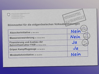 Nachgestellter Stimmzettel mit eidgenössischen Abstimmungsvorlagen, ausgefüllt von Christian Rathgeb. 