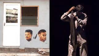 Zweigeteiltes Bild. Rechts ist ein Mann der einen Turban bindet, links eine mit zwei Köpfen bemalte Häuserwand.