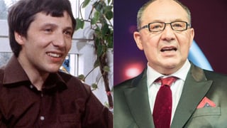 Zei Porträt-Bilder von Beni Thurnheer nebeneinander. Das linke zeigt ihn als junger Mann in den 70er Jahren mit braunem Hemd. Das rechte zeigt ihn in einer aktuellen Aufnahme mit Brille, Glatze, grünlichem Anzung und roter Krawatte. 