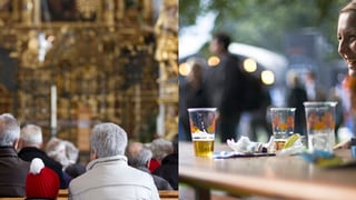 Bildmontage: Messebesucher auf dem Kirchenbank, Festbesucherin mit Bier am Festbank