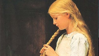 Gemälde: Ein blondes Mädchen felchtet einen Zopf.