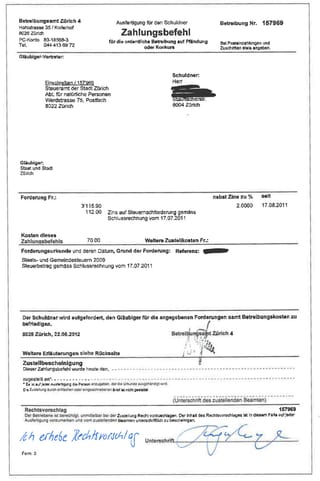 Zahlungsbefehl-Formular mit Vermerk, dass Rechtsvorschlag erhoben wird. Zahlungsbefehl-Formular mit Vermerk, dass Rechtsvorschlag erhoben wird.