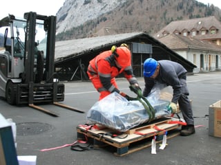 Der Lastwagenchauffeur und ein Batrec-Angestellter transportieren die Elektroauto-Batterie. Der Lastwagenchauffeur und ein Batrec-Angestellter transportieren die Elektroauto-Batterie.