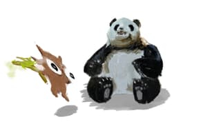 Ein gemalter Panda sitzt in der Mitte; ein gemaltes Eichhörnchen hopst um ihn herum.