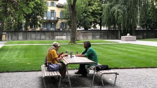 Drei Menschen sitzen an einem Tisch im Park und trinken Bier.