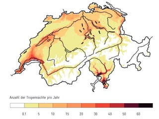Schweizerkarte mit Einfärbung je nach Anzahl Tropennächte. Schweizerkarte mit Einfärbung je nach Anzahl Tropennächte.