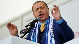 Erdogan im Porträt mit gestikulierenden Händen.