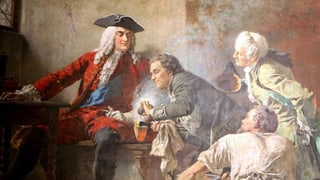 Vier Personen auf einem Gemälde, die aufmerksam den Vorgang der Porzellanherstellung beobachten.