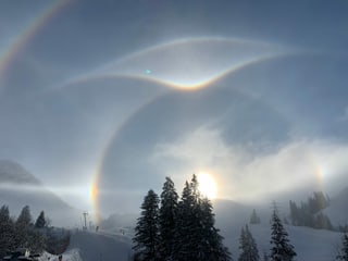 Halo mit Nebensonnen, dem Horizontalbogen, dem Ansatz des oberen Berührungsbogens und dem konkaven Parrybogen. Oben links der 46°-Halo. 