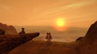 Der Astronaut steht vor dem Sonnenuntergang und einer dünnen Figur. Der Astronaut steht vor dem Sonnenuntergang und einer dünnen Figur.