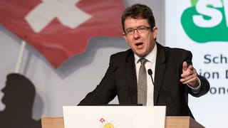 Albert Rösti während seiner Rede an der Delegiertenversammlung in Balsthal (SO). Albert Rösti während seiner Rede an der Delegiertenversammlung in Balsthal (SO).