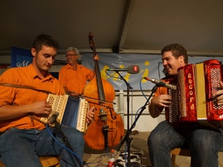 Drei Volksmusikanten in orangen Hemden mit Schwyzerörgeli, Kontrabass und Akkordeon.