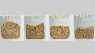 Vier Brote mit unterschiedlichen Aufgehergebnissen. Vier Brote mit unterschiedlichen Aufgehergebnissen.