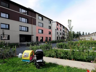 Siedlungshäusern mit rosa, braunen und weissen Fasaden. Im Vordergrund Gärten und ein kinderwagen. Siedlungshäusern mit rosa, braunen und weissen Fasaden. Im Vordergrund Gärten und ein kinderwagen.