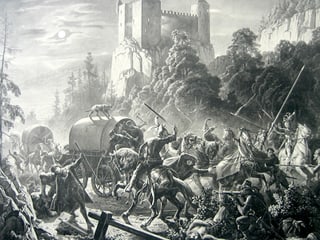 Gemälde. Ritter überfallen einen Planwagen. Gemälde. Ritter überfallen einen Planwagen.
