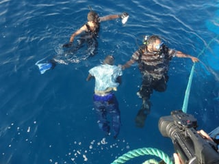 Ein Ertrunkener wird von Tauchern aus dem Meer geholt.