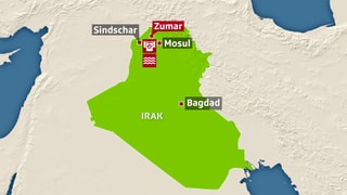 Kart des Iraks, eingezeichnet sind die umkämpften Städte im Nordirak.