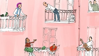 Illustration: Verschiedene Menschen auf Balkonen.